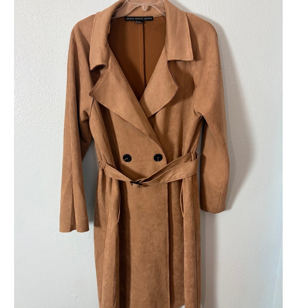 Hyfve Womens Faux Suede Trench Coat Camel Double Breasted Belted L Minimalist